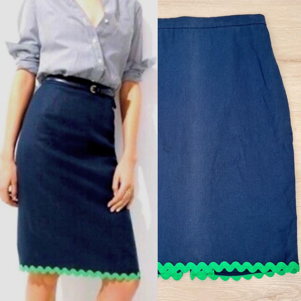 J.Crew Navy Blue Green Ric Rac Linen Retro Preppy Twee Revival Pencil Skirt Sz 6